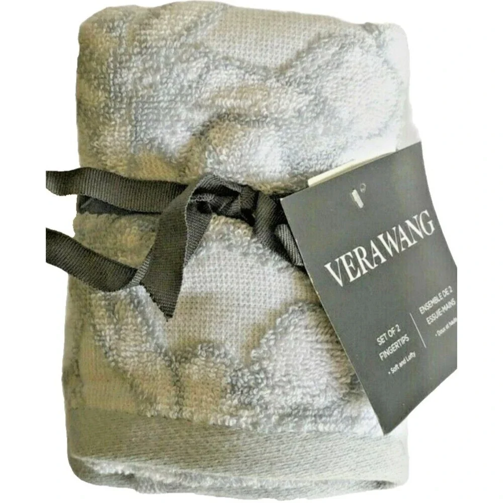 Vera Wang Fingertip Towels Sculptured Bath 12x18 Gray White Set of 2